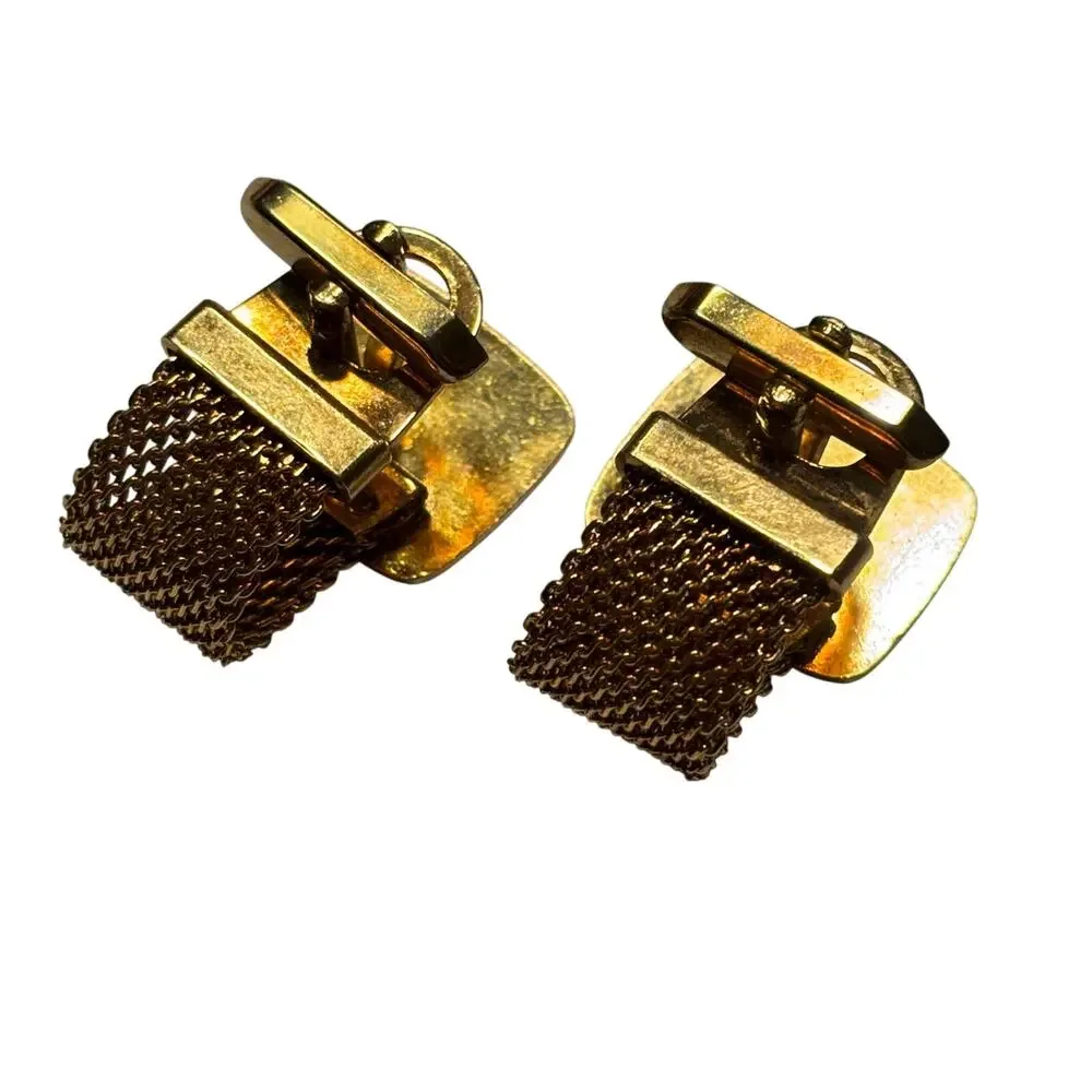Vintage Mid Century Wrap Cufflinks goldtone mesh & green faux marble classics